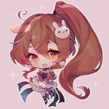 Rule 34 | 1girl, :d, absurdly long hair, bare shoulders, black bow, black bowtie, black shoes, bow, bowtie, brown hair, chibi, chibi only, commentary, commission, cowlick, diamond-shaped pupils, diamond (shape), double-parted bangs, dress, earrings, english commentary, eyes visible through hair, full body, grey thighhighs, hair between eyes, hair ornament, heart, heart in eye, high side ponytail, horizontal-striped thighhighs, jewelry, juliet sleeves, kamochiru, lace-trimmed sleeves, lace trim, long hair, long sleeves, looking at viewer, multicolored eyes, open mouth, original, outline, petticoat, pink background, pink eyes, pom pom (clothes), pom pom earrings, puffy sleeves, purple bow, purple dress, rabbit hair ornament, sasu (sasucchi95), shoes, simple background, sleeve bow, smile, solo, sparkle background, standing, standing on one leg, symbol-shaped pupils, symbol in eye, thighhighs, two-tone eyes, two-tone thighhighs, v arms, very long hair, white outline, white thighhighs, yellow eyes, zettai ryouiki