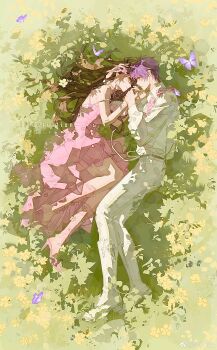 1boy 1girl absurdres bare_shoulders belt black_belt brown_hair bug butterfly chaoxibumian chinese_commentary collared_shirt commentary_request couple daisy_(flower) dress face-to-face field flower frilled_dress frills hair_flower hair_ornament hair_ribbon hair_spread_out heads_together hetero high_heels highres holding holding_flower holding_hands insect long_dress long_hair long_sleeves love_and_deepspace lying on_grass on_side pants pink_dress pink_flower pink_ribbon pink_shoes plaid_clothes plaid_shirt protagonist_(love_and_deepspace) puffy_long_sleeves puffy_sleeves purple_butterfly purple_hair rafayel_(love_and_deepspace) ribbon sharing shirt shoes short_hair sleeveless sleeveless_dress spaghetti_strap strap_slip watermark weibo_watermark white_flower white_pants white_shirt white_shoes