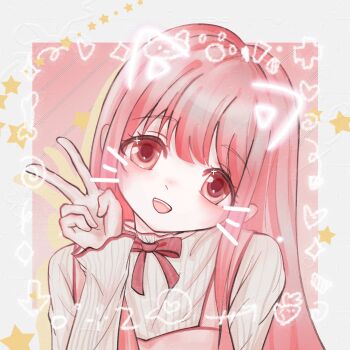 Rule 34 | 1girl, animal ears, arrow (symbol), bloom poetry (shining nikki), border, bow, bowtie, brown eyes, cat ears, chinese commentary, collared shirt, commentary request, dot nose, drawn ears, drawn whiskers, dress, eyelashes, frilled shirt collar, frills, grey border, happy, head tilt, heart, highres, light blush, long hair, long sleeves, looking at viewer, nikki (nikki), nikki (series), open mouth, outside border, pinafore dress, pink background, pink dress, pink hair, red bow, red bowtie, sample watermark, shining nikki, shirt, sidelocks, sleeveless, sleeveless dress, sleeves past wrists, smile, solo, star (symbol), straight-on, straight hair, striped clothes, striped shirt, tareme, teeth, upper body, upper teeth only, v, vertical-striped clothes, vertical-striped shirt, very long hair, watermark, white shirt, xiaoxiannujiejiuwa