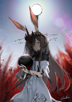 Rule 34 | 1girl, absurdres, amiya (arknights), amiya (demon king) (arknights), animal ears, arknights, blue eyes, brown hair, closed mouth, commentary request, dress, highres, long hair, looking at viewer, material growth, official alternate costume, oripathy lesion (arknights), rabbit ears, rabbit girl, solo, welt (kinsei koutenkyoku), white dress