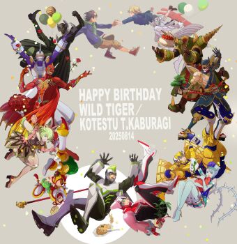 Rule 34 | 4girls, 6+boys, absurdres, aged down, antonio lopez, armor, arms up, balloon, barnaby brooks jr., blonde hair, blue boots, blue eyes, blue hair, blue jacket, blue rose (tiger &amp; bunny), bodysuit, bonsai, boots, bouquet, box, brown eyes, brown hair, brown pants, cake, candy, cape, character name, clenched hands, closed mouth, commentary request, confetti, dark-skinned male, dark skin, dated, dragon kid, english text, eye mask, fake horns, fire emblem (tiger &amp; bunny), flower, food, gift, gift box, gloves, green eyes, green hair, green hoodie, grey background, happy birthday, high heel boots, high heels, highres, hijikigohan1, holding, holding balloon, holding box, holding candy, holding food, holding gift, holding lollipop, hood, hood down, hoodie, horns, huang pao-lin, ivan karelin, jacket, kaburagi t. kotetsu, lara tchaikoskaya, lips, lollipop, long sleeves, mask, multiple boys, multiple girls, open clothes, open jacket, open mouth, orange gloves, origami cyclone, pants, power armor, red bodysuit, red cape, red flower, red rose, red shoes, rock bison, rose, ryan goldsmith, sengoku subaru, shoes, sky high (tiger &amp; bunny), smile, socks, staff, superhero costume, swirl lollipop, teeth, thomas taurus, tiger &amp; bunny, weapon, white socks, wild tiger