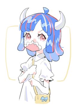 1girl aged_down ahoge bag blue_hair brown_hair child commentary horns long_hair looking_at_viewer lowres mask medium_hair mouth_mask one_piece pink_eyes raine_(acke2445) shirt short_sleeves shoulder_bag simple_background solo symbol-only_commentary ulti_(one_piece) upper_body white_background white_shirt