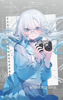 1girl absurdres asymmetrical_bangs blue_eyes blue_hair blue_neckerchief blue_sailor_collar blue_skirt blue_theme camera cardigan choker comiket_107 commentary_request earrings english_text glasses gradient_hair grey_background hair_flowing_over highres holding holding_camera jacket jewelry long_hair miwano_rag multicolored_hair neckerchief original pale_skin paper paperclip pleated_skirt round_eyewear sailor_collar school_uniform serafuku shirt skirt solo taking_picture white_hair white_shirt