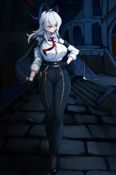 1girl absurdres ahoge arm_pouch armband black_armband black_choker black_gloves black_horns black_jacket black_pants black_shoes black_tail breasts button_gap chest_harness choker closed_mouth collared_shirt commentary_request curled_horns demon_tail earrings full_body gloves hair_between_eyes hand_on_own_hip harness high-waist_pants highres horns jacket jacket_on_shoulders jewelry key_earrings korean_commentary large_breasts long_hair mole mole_under_eye multicolored_hair necktie night pants partial_commentary red_eyes red_necktie shirt shirt_tucked_in shoes small_chair_(xiaosaiyi33818) solo streaked_hair tail tight_clothes tight_pants white_hair white_shirt wuthering_waves zani_(wuthering_waves)