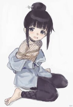 1girl arms_behind_back barefoot bdsm black_hair blunt_bangs blush bodystocking bondage bound commentary covered_erect_nipples female_focus fishnet_bodystocking fishnets flat_chest full_body grey_background grey_eyes hair_bun highres kunoichi_tsubaki_no_mune_no_uchi loli looking_at_viewer mokuren_(kunoichi_tsubaki_no_mune_no_uchi) ninja nipples open_mouth rope shibari sidelocks simple_background single_hair_bun sitting solo songchuan_li spread_toes symbol-only_commentary toes wariza