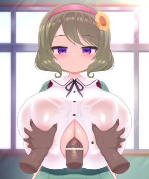 1boy 1girl animated bar_censor blush breasts brown_hair censored cleavage dark-skinned_male dark_skin flower grabbing_another&#039;s_breast green_skirt groping hair_flower hair_ornament hairband hetero hinako_note huge_breasts kuroyanagi_ruriko large_areolae nipples no_bra open_clothes open_shirt paizuri pink_hairband purple_eyes shirt short_hair skirt tagme tarankobu unbuttoned unbuttoned_shirt video wet wet_clothes wet_shirt white_shirt