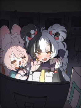 2girls absurdres ahoge animal_ear_fluff animal_ears bare_shoulders black_hair braid braided_twintails chair china_dress chinese_clothes closed_eyes commentary_request detached_sleeves dialyn_(zenless_zone_zero) double_bun dress earrings furry furry_female green_shirt hair_bun hair_extensions hair_ornament hairclip hand_on_another's_face highres holding holding_phone indoors jewelry kesiutu long_hair monitor multicolored_hair multiple_girls necktie office_chair open_mouth panda_hair_ornament phone pink_fur pink_hair pushing_away rabbit_ears ring_hair_extensions screen_light shirt short_eyebrows sparkling_eyes split-color_hair sweat swivel_chair thick_eyebrows v-shaped_eyebrows white_dress white_hair yellow_eyes yellow_necktie zenless_zone_zero zhao_(zenless_zone_zero)