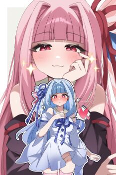 Rule 34 | 2girls, :3, absurdres, artist name, bare shoulders, black ribbon, blue hair, blunt bangs, blush, commentary request, cowboy shot, detached sleeves, dress, flower knot, groin, hair ribbon, hand on own cheek, hand on own chest, hand on own face, heart, heart-shaped pupils, highres, kotonoha akane, kotonoha aoi, kyusai kuma, long hair, long sleeves, looking at viewer, multiple girls, no panties, nose blush, parted lips, pink hair, pink thighhighs, red eyes, red ribbon, ribbon, siblings, simple background, sisters, sparkle, symbol-shaped pupils, thighhighs, twitter username, upper body, very long hair, voiceroid, white background, white dress, wide sleeves, yuri