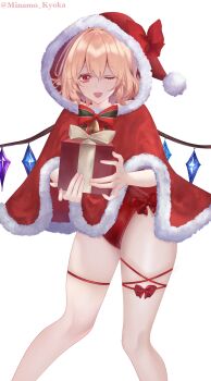 1girl absurdres alternate_costume bell blonde_hair bow bowtie box cape christmas commentary crystal crystal_wings flandre_scarlet fur-trimmed_cape fur_trim gift gift_box highres holding holding_gift hood hooded_cape leg_ribbon leotard looking_at_viewer minamo_kyoka multicolored_wings one_eye_closed open_mouth red_cape red_eyes red_leotard red_ribbon ribbon santa_costume smile solo thigh_ribbon touhou twitter_username wings