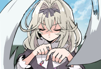 Rule 34 | antenna hair, black bow, black capelet, black dress, bow, capelet, closed eyes, closed mouth, commentary request, dress, gundam, gundam wing, hair intakes, kuuma25 kuma, long hair, meitantei precure!, moria luluka, parody, precure, ripping, scene reference, solo, tearing paper, zooming in