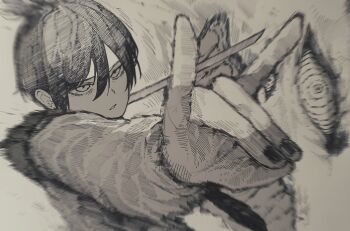 1boy 1other @_@ ate5424 black_hair blurry blurry_background chainsaw_man collared_shirt eyebrows fingernails fox_devil_(chainsaw_man) hair_between_eyes hand_signs hayakawa_aki high_ponytail highres holding holding_sword holding_weapon long_sleeves medium_hair monochrome nail_polish pale_skin parted_lips ponytail shirt short_ponytail summoning sword three-quarter_sleeves weapon white_shirt