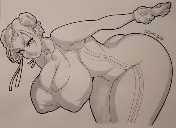Rule 34 | 1girl, ass, bare shoulders, bent over, bodysuit, bracelet, breasts, butt crack, capcom, chun-li, cleavage, collarbone, covered erect nipples, cowboy shot, daikon (artist), female focus, hair buns, hanging breasts, huge ass, huge breasts, jewelry, monochrome, solo, street fighter, street fighter zero, thick thighs, thighs