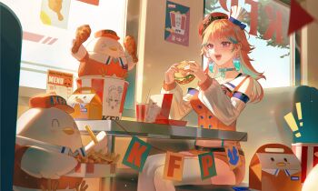 ! !! :d absurdres beret breasts burger buttons chef_hat chicken_(food) chicken_leg colored_inner_hair commentary detached_sleeves double-breasted english_commentary fast_food feathers food french_fries fried_chicken gradient_hair green_feathers green_hair hat highres holding holding_burger holding_food hololive hololive_english indoors kfp kfp_employee_(takanashi_kiara) long_hair medium_breasts mini_hat miniskirt multicolored_hair multiple_hats open_mouth orange_hair orange_hat orange_skirt orange_vest purple_eyes revision ribbed_sleeves sitting skirt smile swept_bangs takanashi_kiara takanashi_kiara_(1st_costume) thighhighs vest virtual_youtuber white_hat white_thighhighs xiisalt