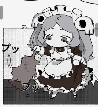 1girl apron bloody_marie_(skullgirls) brooch chibi dress duster feather_duster frilled_apron frilled_dress frills full_body grey_hair greyscale hair_ornament japanese_text jewelry maid_headdress monochrome skull_hair_ornament skullgirls solo twintails whiskome