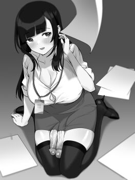 1futa absurdres bad_id bad_pixiv_id badge black_hair black_thighhighs blush breasts button_gap cleavage diagonal_bangs dress_shirt extra_penises futanari gomu_(miyu_yamada) gomu_(ujmu5458) greyscale highres lanyard large_breasts long_hair monochrome office_lady original paper partially_unbuttoned pencil_skirt penis shirt sitting skirt solo thighhighs uncensored zettai_ryouiki