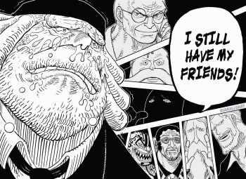 ! 6+boys animal_ears bald beard black_necktie black_suit clenched_teeth collared_shirt english_text ethan-baron_v._nusjuro facial_hair formal_clothes glasses gorousei hat highres i_still_have_my_friends_(meme) imu_(one_piece) jaralloart jaygarcia_saturn kizaru_(one_piece) looking_at_viewer manly marcus_mars meme military_uniform monochrome multiple_boys mustache necktie old old_man one_piece parody pectorals pun rob_lucci sad scar scar_across_eye scar_on_face sepia shaded_face sharp_teeth shepherd_ju_peter shirt smile speech_bubble standing suit teamwork teardrop tears teeth thick_mustache topman_warcury trembling twitter_username ugly_bastard what white_hair white_shirt