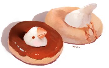 animal animal_focus artist_name bad_id bad_pixiv_id beak bird commentary_request donut food food_focus java_sparrow manino_(mofuritaionaka) no_humans shadow simple_background talons white_background