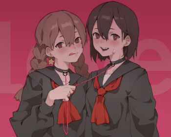 2girls :d :p black_choker black_sailor_collar black_serafuku black_shirt blush bob_cut braid breasts brown_eyes brown_hair chinese_commentary choker commentary dress_shirt earrings english_text hair_between_eyes heart heart-shaped_pupils holding holding_string jewelry long_hair long_sleeves looking_at_viewer medium_breasts multiple_girls nainainainainaiya neckerchief o-ring o-ring_choker open_mouth original pink_pupils red_background red_neckerchief sailor_collar school_uniform serafuku shirt short_hair smile string string_of_fate symbol-shaped_pupils teeth tongue tongue_out twin_braids upper_body upper_teeth_only