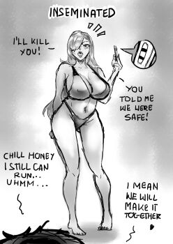 1boy 1girl absurdres bikini bikini_skirt english_text highres artificial_insemination pregnancy_test pregnant roundapproach solo_focus swimsuit tagme