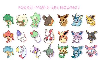 :3 black_eyes brown_eyes chimecho claws copyright_name drifloon drop_shadow eevee espeon fangs fire flareon full_body gen_1_pokemon gen_2_pokemon gen_3_pokemon gen_4_pokemon gen_5_pokemon gen_6_pokemon glaceon hanging horns jolteon lai_(pixiv1814979) leafeon litwick nintendo no_humans orange_eyes panpour pansage pansear pokemon pokemon_(creature) pumpkaboo purple_eyes purple_fire ralts red_eyes reuniclus simple_background solid_oval_eyes sylveon trubbish umbreon vaporeon whimsicott white_background white_eyes yellow_eyes zangoose