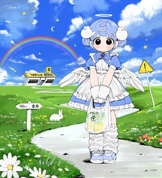 1girl absurdres angel angel_wings apron bag black_eyes blue_eyes blue_hair cloud cloudy_sky crescent_moon cross-laced_apron direction dress flower hair_ornament halo heart heart_hair_ornament highres holding holding_bag looking_at_viewer microsoft_windows moon nichijou_kamoshirenai original path plastic_bag rabbit rabbit_hair_ornament rainbow road road_sign sign signpost sky solo sora_(wolrero) star_(symbol) tenshi_kaiwai warning_sign white_halo wings wolrero