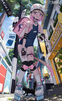 1girl animal_ears backpack bag black_gloves blonde_hair blue_one-piece_swimsuit blue_sky cat_ears cat_tail city cloud collar collarbone commentary_request day fake_animal_ears fake_tail fingerless_gloves flat_chest gloves gradient_hair helmet highres liclac loli multicolored_hair one-piece_swimsuit original outdoors pink_collar randoseru road roller_skates school_swimsuit short_hair skates sky standing street swimsuit tail white_helmet