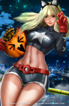 1girl animal_ears bad_id bad_pixiv_id belt blonde_hair breasts cat_ears city city_lights dc_comics dutch_angle fake_animal_ears green_eyes hair_between_eyes halloween halloween_bucket large_breasts long_hair looking_at_viewer midriff navel nefrubi night parted_lips patreon_username paw_pose short_shorts shorts smile stargirl watermark web_address