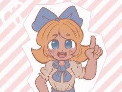 1girl animated blonde_hair blue_bow blue_eyes blue_scarf blue_skirt bow diagonal-striped_background wagging_finger hair_bow looking_at_viewer open_mouth original pink_background puff_of_air scarf shirt short_hair sidelocks skirt solo striped_background tagme teeth thatartistann upper_body upper_teeth_only video white_shirt