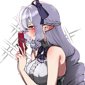 Rule 34 | 1girl, absurdres, alternate breast size (larger), ascot, bare shoulders, black nails, blush, bow, bowtie, breasts, center frills, chroong, commentary request, drill hair, drill sidelocks, ear blush, frills, from side, gem, gift, hair between eyes, hair bow, highres, holding, holding gift, korean commentary, large breasts, long hair, open mouth, pointy ears, purple ascot, purple bow, purple bowtie, purple gem, shirt, sidelocks, sleeveless, sleeveless shirt, solo, upper body, vivian banshee, white background, white shirt, zenless zone zero