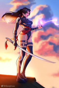 1girl blue_leotard breasts elbow_gloves genjiruu gloves highleg highleg_leotard highres holding holding_sword holding_weapon large_breasts leotard long_hair marvel marvel_rivals psylocke psylocke_(vengeance) purple_eyes purple_hair sash solo superhero_costume sword weapon x-men