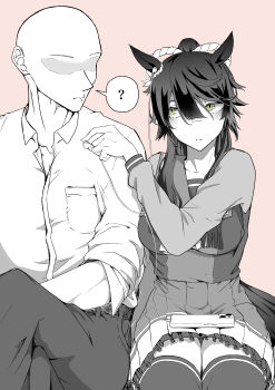 1boy 1girl ? absurdres animal_ears bald bandaid bandaid_on_face bandaid_on_nose belt blunt_bangs breast_pocket breasts cellphone closed_mouth commentary crossed_legs dress_shirt ear_ornament earbuds earphones faceless feet_out_of_frame green_eyes greyscale_with_colored_background hair_between_eyes highres holding holding_earbud holding_earphones horse_ears horse_girl horse_tail incoming_earphone iphone long_hair long_sidelocks long_sleeves looking_at_another looking_to_the_side medium_breasts monochrome narita_brian_(umamusume) no_eyes object_on_lap pants phone pleated_skirt pocket ponytail sailor_collar sakamoto_shindobaddo school_uniform serafuku shirt shoulder-to-shoulder side-by-side sidelocks sideways_glance simple_background single_earphone_removed sitting skirt sleeves_rolled_up smartphone spoken_question_mark spot_color tail thighhighs tracen_school_uniform trainer_(umamusume) umamusume winter_uniform zettai_ryouiki