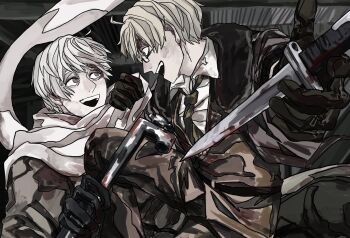 Rule 34 | 2boys, ahoge, america (hetalia), axis powers hetalia, belt, black-framed eyewear, black belt, black gloves, blonde hair, blood, blood on clothes, blood on face, bloody weapon, blue eyes, brown coat, brown jacket, brown pants, coat, collared shirt, dagger, fighting, floating clothes, fur-trimmed jacket, fur trim, glasses, gloves, green necktie, highres, holding, holding dagger, holding knife, holding lead pipe, holding weapon, jacket, kiguchi05, knife, lapels, lead pipe, leather, leather gloves, long sleeves, looking at viewer, male focus, military, military jacket, military uniform, multiple boys, necktie, open clothes, open jacket, open mouth, pants, puffy long sleeves, puffy sleeves, purple eyes, russia (hetalia), scarf, semi-rimless eyewear, shirt, short hair, smile, teeth, weapon, white hair, white scarf, white shirt