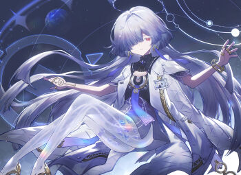 1girl absurdres breasts colored_eyelashes commentary dress earrings grey_hair hair_ornament hair_over_one_eye halo highres holographic_interface huruhuru979 id_card jacket jewelry long_hair looking_at_viewer mornye_(wuthering_waves) purple_dress red_eyes see-through_body sky small_breasts solo space star_(sky) starry_sky triangle_earrings very_long_hair white_jacket wuthering_waves