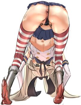 10s 1girl anus ass bad_id bad_pixiv_id bent_over black_panties blonde_hair boots clothing_aside elbow_gloves female_focus full_body g-string gloves grey_boots hair_ribbon hands_reach_floor kantai_collection long_hair looking_through_own_legs navel panties panties_aside partially_visible_vulva pussy pussy_peek ribbon shimakaze_(kancolle) simple_background sketch skirt socks solo striped_clothes striped_socks striped_thighhighs thighhighs thong uncensored underwear upskirt white_background white_gloves yamada_(gotyui)
