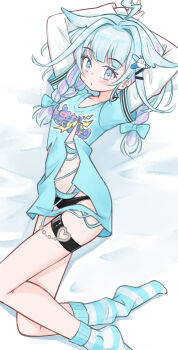 1girl absurdres ahoge arms_up bare_legs black_panties blue_bow blue_eyes blue_hair blue_shirt blue_socks blunt_bangs bow braid breasts closed_mouth hair_bow hair_flaps hair_ornament heart heart_o-ring highres hololive hololive_dev_is k-go layered_sleeves lightning_ahoge long_hair long_sleeves looking_at_viewer loose_socks low_twin_braids lying mizumiya_su mizumiya_su_(1st_costume) multicolored_hair navel no_pants o-ring o-ring_thigh_strap on_bed on_side panties pink_hair print_shirt shirt short_over_long_sleeves short_sleeves small_breasts socks solo streaked_hair striped_clothes striped_socks thigh_strap torn_clothes torn_shirt twin_braids two-tone_hair underwear virtual_youtuber white_sleeves x_hair_ornament