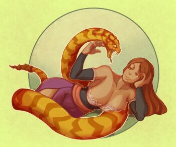 1girl bare_shoulders breasts brown_hair canvas_texture chinese_zodiac detached_sleeves dragon&#039;s_crown large_breasts long_hair lying non-web_source on_side simple_background snake snake_bondage sorceress_(dragon&#039;s_crown) tukeart year_of_the_snake