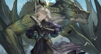 1girl arknights black_shirt cross_scar dragon earrings english_text gloves grey_eyes grey_hair gun head_wings holding holding_gun holding_sword holding_weapon irene_(arknights) irene_(the_adjudicatrix_and_her_resolve)_(arknights) jewelry looking_at_viewer official_alternate_costume rapier scar scar_across_eye scar_on_face shirt solo sword turtleneck turtleneck_shirt wangmou_zilaojuan weapon wings