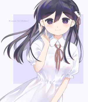 1girl alternate_costume black_eyes black_hair blush bright_pupils closed_mouth double-parted_bangs dress hair_between_eyes happy_birthday hato_popo_37 highres long_hair looking_at_viewer mari_(faraway)_(omori) mari_(omori) omori puffy_short_sleeves puffy_sleeves short_sleeves smile solo teeth upper_teeth_only white_dress white_pupils