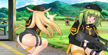 2girls ass black_leotard blonde_hair bullpup fate/grand_order fate_(series) goddess_of_victory:_nikke green_hair gun leotard multiple_girls raskasar thigh_strap thrud_(fate) valkyrie_(fate) weapon