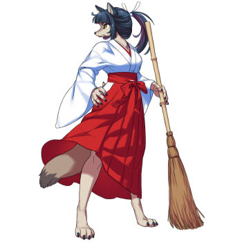1girl black_hair body_fur broom brown_fur claws commentary_request digitigrade fox_girl full_body furry furry_female hand_on_own_hip highres japanese_clothes long_hair looking_to_the_side miko original ponytail shirai_keita simple_background solo standing tail white_background wind yellow_eyes