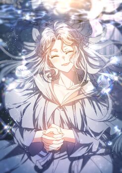 1girl ^_^ capelet closed_eyes drawstring facing_viewer final_fantasy final_fantasy_xiv gungonim highres lens_flare long_hair open_mouth own_hands_clasped own_hands_together robe smile solo sparkle tassel upper_body venat_(ff14) white_capelet white_hair white_robe