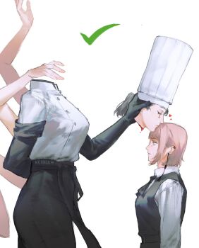 2girls apron arthropod_limbs artist_name black_apron black_hair blood blood_drip blood_from_mouth bloody_tears chainsaw_man chef chef_hat closed_mouth collared_shirt couple disembodied_head dress earrings extra_arms falling_devil_(chainsaw_man) fami_(chainsaw_man) flat_top_chef_hat fourth_east_high_school_uniform hat highres holding_detached_head jewelry keibleh long_arms long_hair mole mole_under_eye mole_under_mouth multiple_girls multiple_moles neck_ribbon pinafore_dress ribbon ringed_eyes school_uniform severed_head shirt short_hair sidelocks simple_background sleeveless sleeveless_dress tassel tassel_earrings upper_body white_background white_shirt yuri