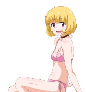 1girl :d bikini blonde_hair bob_cut breasts choker digimon digimon_universe:_appli_monsters eyebrows female_focus kashiki_ai medium_breasts open_mouth purple_eyes sincos sitting smile solo swimsuit