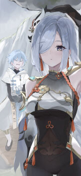 Rule 34 | 1boy, 1girl, absurdres, arm up, armpits, aunt and nephew, bare shoulders, black bodysuit, black shirt, blue eyes, blue hair, bodysuit, breast curtain, breasts, chinese clothes, chongyun (genshin impact), cliff, closed eyes, clothing cutout, commentary request, covered navel, cowboy shot, earrings, genshin impact, grey sky, hair between eyes, hair ornament, hair over one eye, heavy, highres, holding, holding rock, hood, hooded jacket, jacket, jewelry, large breasts, long hair, looking at viewer, open mouth, outdoors, pants, parted lips, peanut mouth, rock, shenhe (genshin impact), shirt, short hair, shoulder cutout, sky, tassel, tassel earrings, usagi sakaki (tosaka), white hair, white jacket, white pants