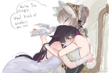 2girls black_hair blue_eyes bonnet brown_hair closed_eyes columbina_(genshin_impact) commentary cuddling doll_joints dress english_commentary english_text feathered_wings genshin_impact hair_bun head_wings hug joints multicolored_hair multiple_girls purple_dress purple_streaks sandrone_(genshin_impact) simple_background speech_bubble streaked_hair tibetanyakart white_background white_bonnet wings yuri
