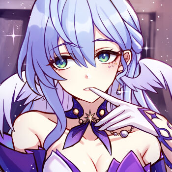 1girl absurdres bare_shoulders biting biting_glove blue_hair breasts cleavage commentary detached_collar detached_sleeves earrings english_commentary feathered_wings finger_in_own_mouth glove_pull gloves green_eyes hair_between_eyes head_wings highres honkai:_star_rail honkai_(series) jewel_under_eye jewelry jimpu6 large_breasts long_hair looking_at_viewer parted_lips pearl_earrings portrait robin_(honkai:_star_rail) single_earring solo white_gloves white_wings wings