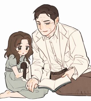 1boy 1girl age_difference aged_down barefoot black_hair blush book brown_hair collared_shirt commentary_request highres korean_commentary long_hair long_sleeves open_book original pants s22uic shirt sitting
