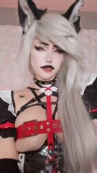 anal_beads anal_tail animal_ears animated ass belt_bra butt_plug choker collar cosplay fake_tail hellaverse helluva_boss highres instagram loona_(helluva_boss) luceil_hime real_life sex_toy sitting smile sound tagme tail tiktok video wolf_ears wolf_girl wolf_tail
