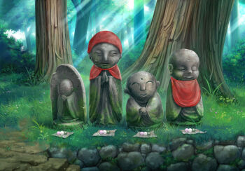 bush dango day food forest grass jizou light_rays nature no_humans object_focus original outdoors sanshoku_dango scenery stairs statue stone_wall sunbeam sunlight wagashi yebart2009