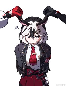 absurdres animal_ears annoyed arms_behind_back black_hair black_jacket commentary coralie_6626_planck coralie_6626_planck_(puppy_patrol) dog_ears english_commentary erdos_helia erdos_helia_(valkyrie_boltstorm) gloves grey_eyes hair_between_eyes highres holding_ears honkai_(series) honkai_impact_3rd jacket looking_at_viewer necktie red_necktie red_skirt shirt simple_background skirt thatwasjack white_background white_hair white_shirt